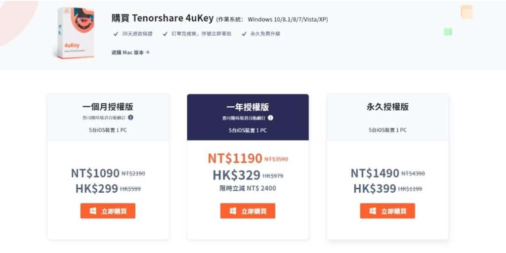 Tenorshare 4uKey 價格與優惠碼